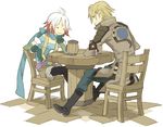  1girl :3 bad_id bad_pixiv_id beard blonde_hair blue_shirt boots chair chin_rest closed_eyes coat cup drink facial_hair gloves knee_boots malik_caesars mug multicolored_hair pascal red_hair scarf shirt shorts sitting smile table tales_of_(series) tales_of_graces two-tone_hair white_hair zenmai 
