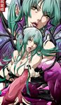  1girl bare_shoulders big_breasts breasts bridal_gauntlets capcom cleavage darkstalkers female green_hair head_wings headwings large_breasts long_hair madhatter_hello morrigan_aensland pantyhose solo vampire_(game) wings yellow_eyes 