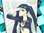  bikini_top black_hair black_rock_shooter black_rock_shooter_(character) blue_eyes fire flat_chest front-tie_top ll.ee. long_hair matches solo twintails 