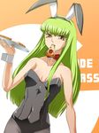  animal_ears baanin bangs bunny_ears bunnysuit c.c. code_geass fake_animal_ears food geass green_hair long_hair pantyhose pizza slice_of_pizza solo yellow_eyes 