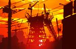 construction crane czn gamera_(series) highres no_humans power_lines realistic ruins scenery silhouette sky sunset telephone_pole tokyo_tower twilight 
