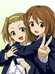  brown_eyes brown_hair eyebrows_visible_through_hair hair_ornament hairband hairclip hirasawa_yui hug k-on! long_sleeves looking_at_viewer michael multiple_girls no_bangs open_mouth round_teeth school_uniform tainaka_ritsu teeth upper_body upper_teeth v yellow_hairband 