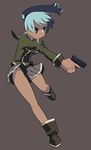  blue_hair brown_eyes dark_skin gun no_panties original simple_background solo tonpu weapon 