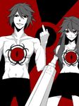  1girl ann606 arm_cannon dual_persona genderswap genderswap_(ftm) grin hair_over_breasts middle_finger monochrome red_background red_eyes reiuji_utsuho shirtless smile spot_color tegaki third_eye topless touhou weapon 