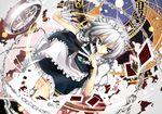  between_fingers blue_eyes braid card card_with_aura chain clock floating_card izayoi_sakuya knife maid maid_headdress pocket_watch serious short_hair silver_hair solo sukuna_(artist) touhou twin_braids watch zodiac 