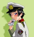  black_hair blush drinking gundam gundam_seed hat juice kazemal lips military military_hat military_uniform natarle_badgiruel purple_eyes short_hair solo uniform 