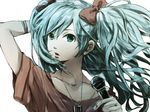  aqua_eyes aqua_hair bow hair_bow hatsune_miku jewelry long_hair microphone necklace portrait simple_background solo torimamire twintails vocaloid wind 