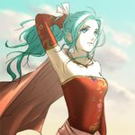  1girl armpits blue_eyes cape chickenb detached_sleeves female final_fantasy final_fantasy_vi green_hair long_hair lowres outdoors ponytail sky solo tina_branford 