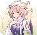  blonde_hair blush fox_tail hat long_sleeves multiple_tails nidieu pillow_hat short_hair solo stitches tabard tail tassel touhou upper_body wide_sleeves yakumo_ran 
