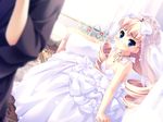  bed blonde_hair blue_eyes blush bow bridal_veil bride choker couple dress drill_hair dutch_angle flower hair_bow hetero highres jewelry kisai_rurika kiss_yori_saki_ni_koi_yori_hayaku long_hair necklace pillow pout solo_focus sulking tougarashi_hideyu veil very_long_hair wedding_dress white_dress 