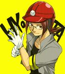  bad_id bad_pixiv_id brown_hair collarbone from_above glasses gloves gym_leader hands helmet hirococo hyouta_(pokemon) lowres male_focus pokemon pokemon_(game) pokemon_dppt red_eyes romaji shirt simple_background smile solo 