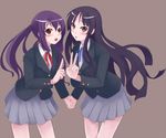  akiyama_mio black_eyes black_hair blush brown_eyes holding_hands k-on! long_hair minase_nagi multiple_girls nakano_azusa neck_ribbon pointing purple_hair red_ribbon ribbon school_uniform simple_background twintails v 