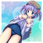  backpack bag blue_eyes blue_hair blush dress dress_lift hair_bobbles hair_ornament hat kawashiro_nitori one-piece_swimsuit school_swimsuit skirt skirt_lift solo swimsuit swimsuit_under_clothes touhou twintails two_side_up yamasan 