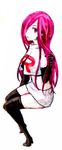  alternate_hairstyle clothes_writing hair_down kudakan long_hair musashi_(pokemon) pokemon pokemon_(anime) red_hair simple_background sitting solo team_rocket thighhighs white_background 