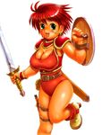 armor belt breasts cleavage final_fantasy final_fantasy_iii green_eyes large_breasts leotard moriichi red_hair red_leotard shield short_hair shoulder_pads smile solo sword warrior_of_light weapon 