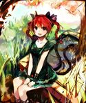  animal_ears bad_id bad_pixiv_id braid cat_ears cat_tail contemporary kaenbyou_rin multiple_tails red_eyes red_hair ribbon short_hair sitting solo tail touhou twin_braids ume_(plumblossom) 