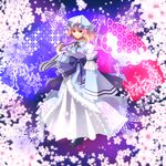  bow breasts bug butterfly cherry_blossoms fan flower folding_fan frills goshoguruma hat hexagon insect japanese_clothes large_breasts norun pink_eyes pink_hair saigyouji_yuyuko saigyouji_yuyuko's_fan_design shippou_(pattern) solo touhou 