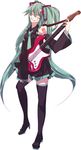  akino_yoichi aqua_hair bad_id bad_pixiv_id crazy_eyes detached_sleeves grin guitar hatsune_miku highres instrument long_hair red_eyes simple_background smile solo thighhighs twintails very_long_hair vocaloid zettai_ryouiki 
