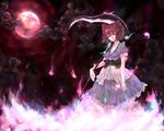  blue_dress dress ivris looking_at_viewer moon obi onozuka_komachi polearm puffy_short_sleeves puffy_sleeves red_hair red_moon sash scythe short_sleeves solo standing touhou two_side_up weapon 
