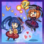  blue_eyes blue_hair bow brown_hair bug butterfly chibi dress eva_beatrice frills furudo_erika gloves hair_ornament hat heart insect lowres multiple_girls one_eye_closed open_mouth pantyhose pink_bow pixel_art pote_(ptkan) red_hair short_hair staff tape twintails umineko_no_naku_koro_ni witch 