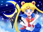  back_bow bishoujo_senshi_sailor_moon black_cat blue_sailor_collar blue_skirt bow cat choker crescent_moon double_bun elbow_gloves gloves gongitsune_(gongitune2) long_hair luna_(sailor_moon) magical_girl moon pose red_bow red_choker sailor sailor_collar sailor_moon sailor_senshi_uniform skirt tiara tsuki_ni_kawatte_oshioki_yo tsukino_usagi twintails white_gloves 