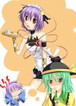  eyes green_eyes green_hair hairband hat heart kirisaki_byakko komeiji_koishi komeiji_satori mind_reading multiple_girls purple_hair red_eyes short_hair siblings sisters touhou waitress 