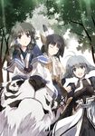  :&lt; :d animal_ears antenna_hair aruruw black_hair black_wings blue_eyes breasts brown_eyes brown_hair closed_eyes forest hair_tubes japanese_clothes kamyu medium_breasts mukkuru multiple_girls nature open_mouth riding satomi silver_hair smile tail tiger utawareru_mono wings yuzuha_(utawareru_mono) 