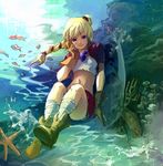  bandages blonde_hair blue_eyes boots breasts brown_footwear brown_gloves chrono_cross coral fish gloves high_ponytail jewelry kid_(chrono_cross) knees_up long_hair looking_at_viewer midriff miniskirt multi-tied_hair navel necklace outdoors ponytail sassa_(cb) sitting skirt small_breasts smile solo starfish submerged underwater vest 