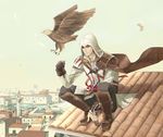  assassin's_creed_(series) assassin's_creed_ii bad_id bad_pixiv_id bird cape cityscape eagle ezio_auditore_da_firenze gloves hood male_focus scenery sen_nai smile solo tower vambraces 