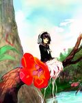  black_hair flower headphones in_tree jillcy monster_girl nene_nene plant red_eyes school_uniform serafuku short_hair skirt solo tree utau 