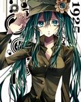  1girl bad_id bad_pixiv_id casual flower green_eyes green_hair hat hatsune_miku highres long_hair solo tsukioka_tsukiho twintails vocaloid 