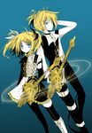  1girl alternate_hairstyle aqua_eyes asakura_hayate bass_guitar blonde_hair boots brother_and_sister detached_sleeves hair_ornament hair_ribbon hairclip instrument kagamine_len kagamine_rin kagamine_rin_(roshin_yuukai/hard_rkmix) long_hair ribbon roshin_yuukai_(vocaloid) siblings thighhighs twins twintails vocaloid 