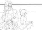  1girl bad_id bad_pixiv_id beard facial_hair from_behind greyscale hairband highres konpaku_youki konpaku_youmu lineart monochrome muscle one_eye_closed serious sheath sheathed short_hair sword touhou weapon yamane_akira 