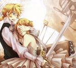  1girl aqua_eyes blonde_hair brother_and_sister covering_eyes dress hand_on_another's_face kagamine_len kagamine_rin pirate short_hair siblings strapless strapless_dress sword turatura twins vocaloid weapon 