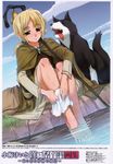  absurdres animal bag barefoot blonde_hair blush brown_eyes cape day dog enekk feet highres koume_keito nora_arento ponytail scan shepherd shepherd's_crook short_hair sitting skirt sky smile soaking_feet solo spice_and_wolf spread_toes staff toes water wet 