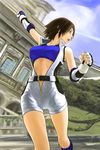  belt brown_hair fingerless_gloves from_below gloves hawk_(cwmg) jumpsuit kazama_asuka looking_back solo sports_bra tekken unzipped 