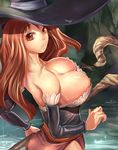  bare_shoulders breasts brown_eyes cleavage detached_sleeves downblouse dragon's_crown dress huge_breasts looking_back red_hair solo sorceress_(dragon's_crown) staff strapless strapless_dress suoni_(deeperocean) water 