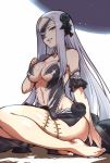  bare_shoulders barefoot breasts cleavage elbow_gloves eyepatch gloves groin hair_ornament hijiri long_hair looking_at_viewer medium_breasts megido72 navel silver_hair solo stitches thighs toes very_long_hair 