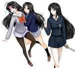  akiyama_mio black_hair black_legwear blazer bug butterfly cardigan color_connection crossover ga-rei ga-rei_zero hair_color_connection highres hime_cut insect isayama_yomi jacket jewelpet_(series) jewelpet_sunshine k-on! legs loafers long_hair look-alike mizushiro_kanon multiple_girls pantyhose school_uniform serafuku shoes simple_background smile sword tears uniform weapon yamasuke_mk2 