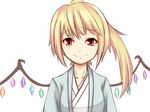  alternate_costume bad_id bad_pixiv_id blonde_hair blush flandre_scarlet japanese_clothes looking_at_viewer omigawa_namari red_eyes side_ponytail simple_background smile solo touhou upper_body white_background wings 