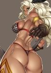  amazon_(dragon's_crown) ass back breasts dragon's_crown gloves gochou_(kedama) green_eyes large_breasts lips long_hair looking_down muscle muscular_female panties silver_hair solo thong underwear 