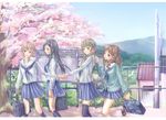  bad_id bad_pixiv_id bag black_hair braid brown_eyes brown_hair cardigan cherry_blossoms drill_hair fence flower hair_flower hair_ornament hair_over_shoulder hanasaku_iroha hand_on_own_chest hinagaeru holding_hands long_hair matsumae_ohana multiple_girls open_mouth oshimizu_nako school_bag school_uniform serafuku short_hair sign skirt smile sweater thighhighs tree tsurugi_minko twin_braids wakura_yuina 