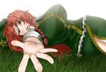  bow braid breasts china_dress chinese_clothes dress grass green_eyes hair_bow hands hat hong_meiling koshibata_zekuu large_breasts long_hair looking_at_viewer lying outstretched_arm outstretched_hand pov reaching red_hair solo touhou 