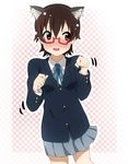  animal_ears blush brown_eyes brown_hair cat_ears dancing face glasses ikari_manatsu k-on! kemonomimi_mode manabe_nodoka paw_pose red-framed_eyewear school_uniform semi-rimless_eyewear short_hair solo under-rim_eyewear 