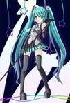  aqua_eyes aqua_hair bad_id bad_pixiv_id boots elbow_gloves gloves hatsune_miku huazang legs long_hair microphone microphone_stand necktie platform_footwear skirt solo thigh_boots thighhighs twintails very_long_hair vocaloid 