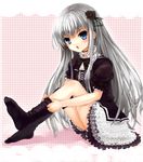  bad_id bad_pixiv_id blue_eyes blush cross dress dressing feet flower gothic_lolita hair_flower hair_ornament highres lolita_fashion long_hair momoko_(momopoco) open_mouth original silver_hair sitting sock_pull solo thighhighs 