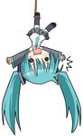  aqua_hair chibi detached_sleeves full_body hanging hatsune_miku long_hair necktie niboss rope skirt snare solo teardrop thighhighs transparent_background twintails upside-down vocaloid 