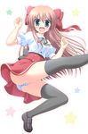  brown_hair from_below green_eyes hinata_keiichi long_hair mayoi_neko_overrun! panties ribbon school_uniform serizawa_fumino solo thighhighs underwear upskirt 