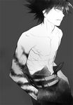  black_hair greyscale hiei_(yuu_yuu_hakusho) kiosque male_focus monochrome sarashi shirtless solo tattoo yuu_yuu_hakusho 