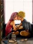  blonde_hair blush book bookshelf boy chunkymacaroni closed_eyes couple eyes_closed female girl haruno_sakura kiss library male naruto pink_hair scroll sitting uzumaki_naruto window young younger 